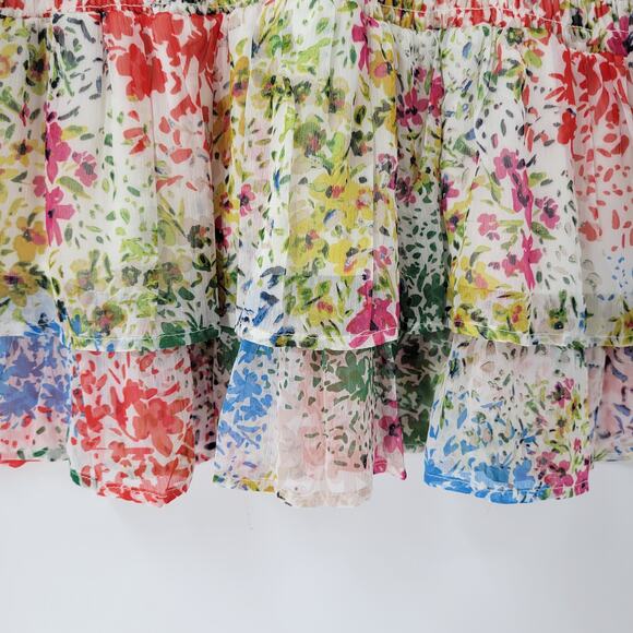 AQUA Womens‎ Dress S Cream Blue Floral Smocked Ruffle Trim Long Sleeve Mini - Picture 6 of 14